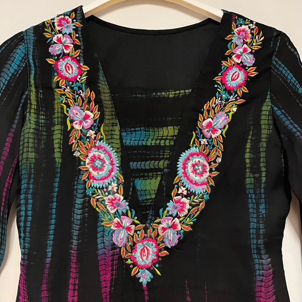 Handmade Silk Embroidered Tunic Blouse Colorful Boho Size Small Festival Artsy - Picture 3 of 12